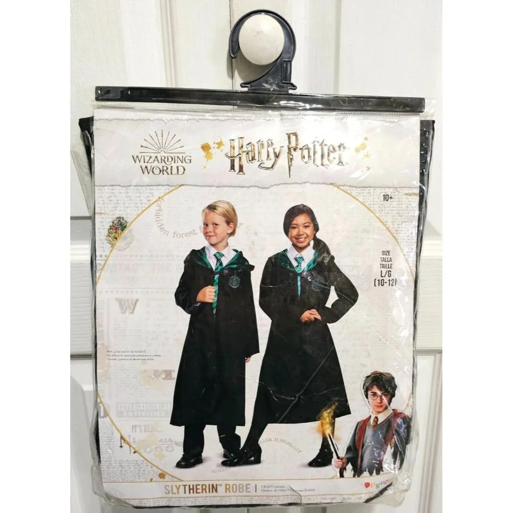 Harry Potter Slytherin Kids Costume 10-12 Robe Cloak Hogwarts and Draco Wand